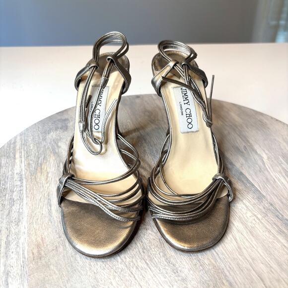 Jimmy Choo Metallic Pewter Strappy Heels EU 37 Italy Leather Sandals Sexy US 7 - Picture 4 of 10